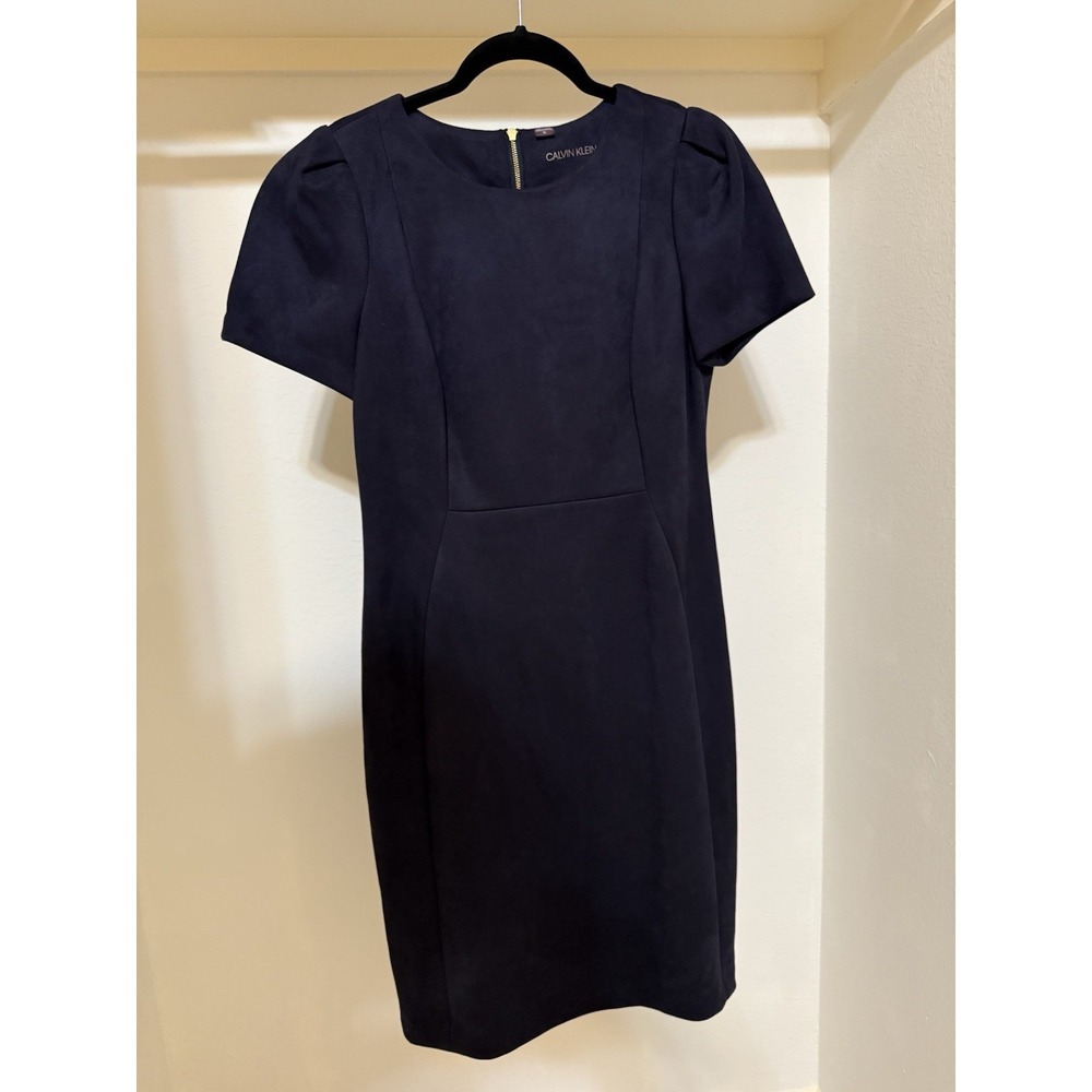 Calvin Klein Navy Blue Suede Sheath Dress Size 10 Short Sleeve Zip Closure